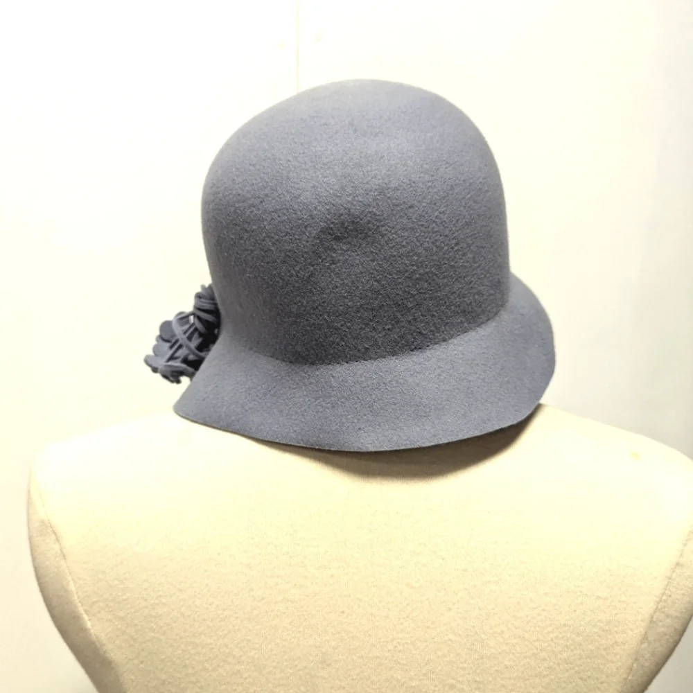 Wool Felt Cloche Hat in Periwinkle Blue Flower on Stem Detail Winter Retro